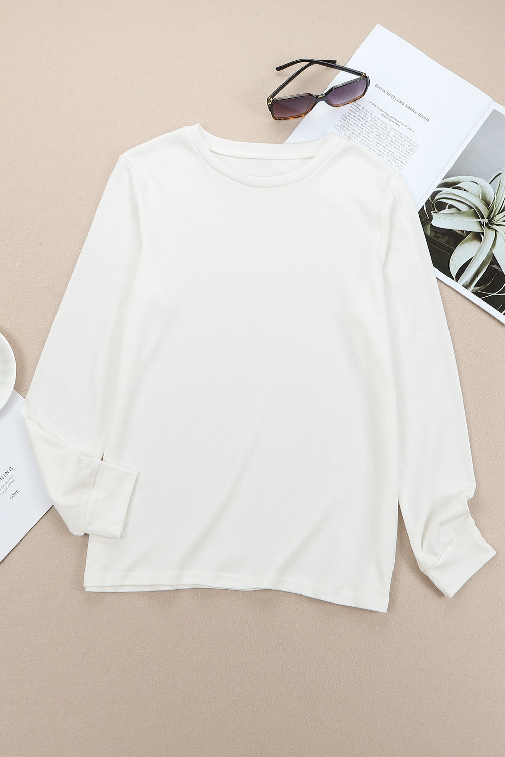 White Plain Crew Neck Long Sleeve Top