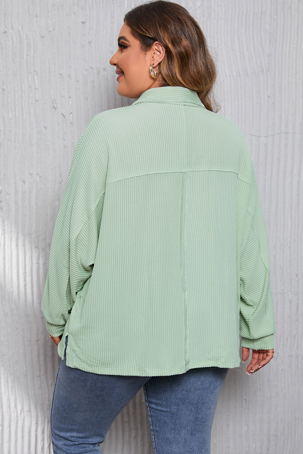 Green Plus Size Ribbed Pocketed Long Sleeve Henley Top