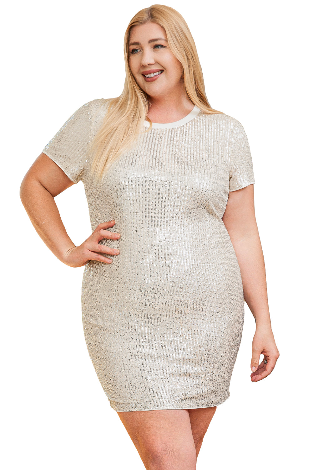 Light Pink Plus Size Sequin Short Sleeve T-shirt Dress