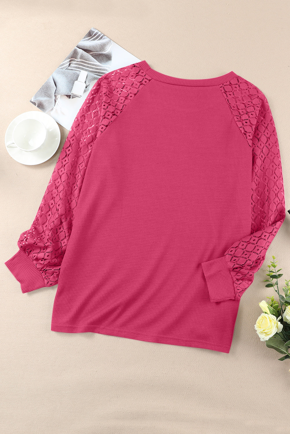 Strawberry Pink Plus Size Contrast Lace Sleeve Waffle Knit Top