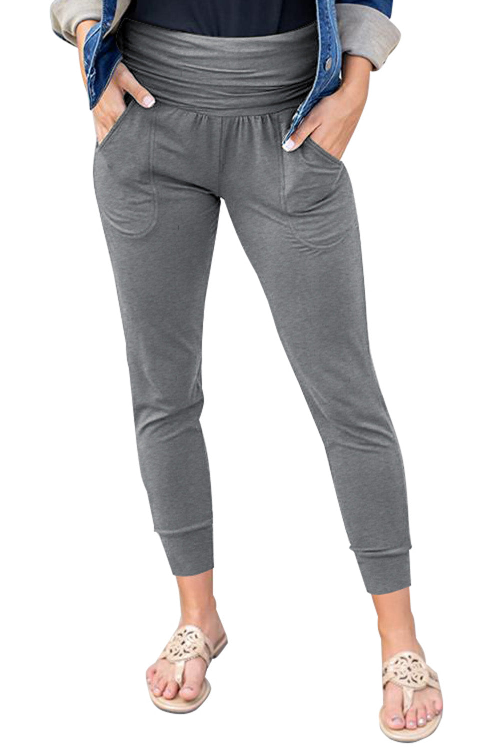 Gray High Waist Pleated Pocket Leggings