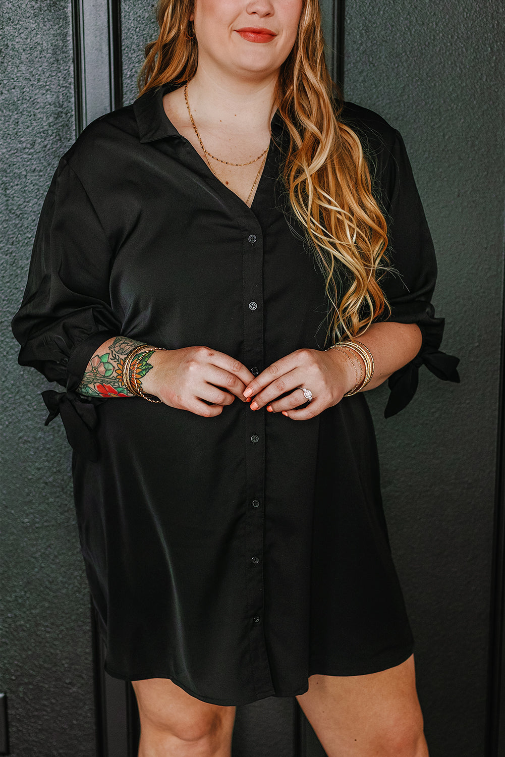 Black Plus Size Tie Cuffs V Neck Shirt Dress