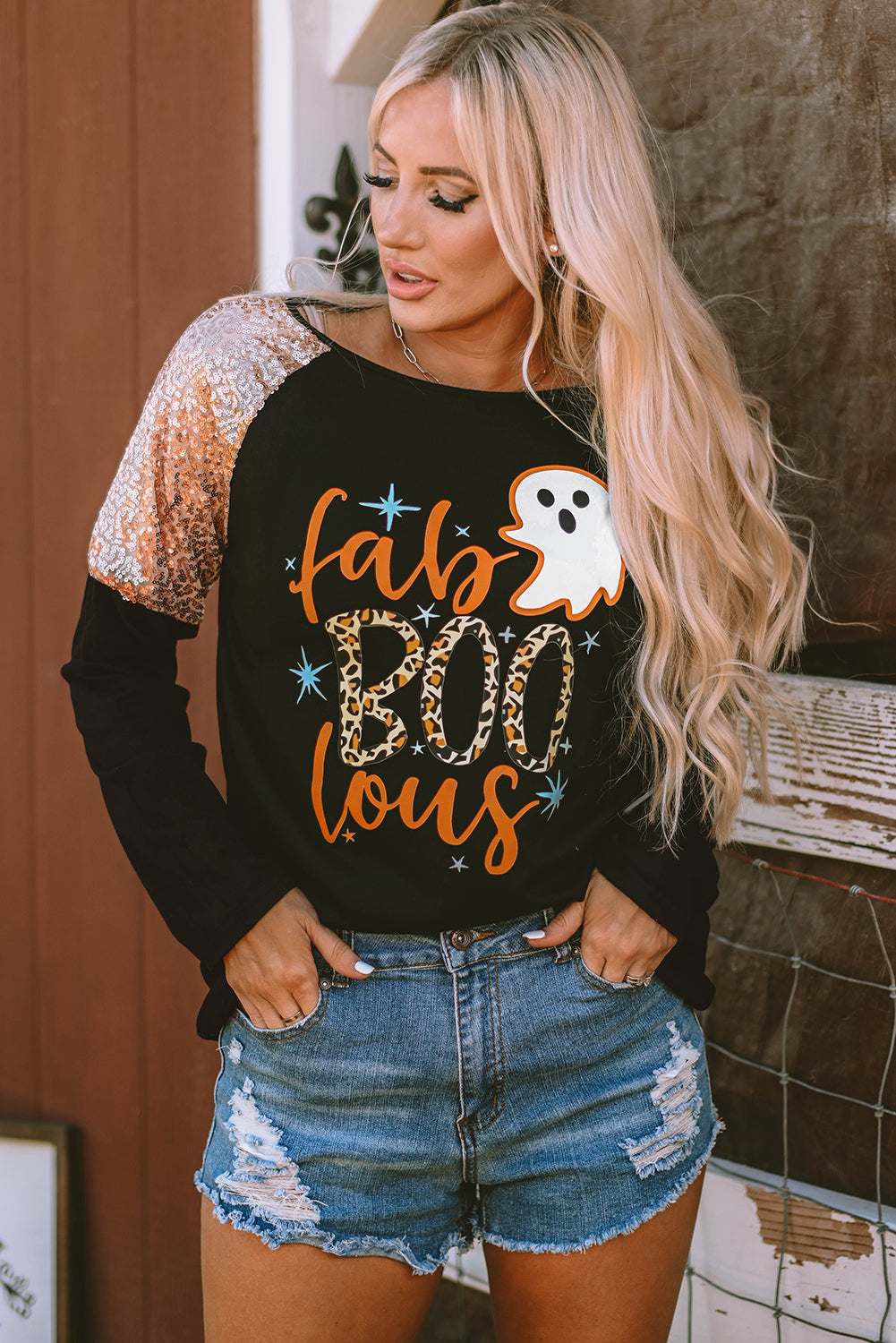 Black Leopard Boo Ghost Graphic Sequin Raglan Sleeve Top