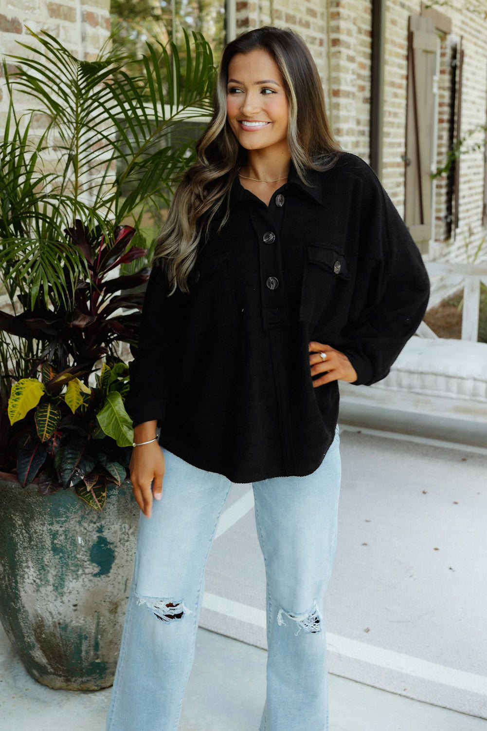 Black Polo Collar Buttoned Patchy Top with Pockets