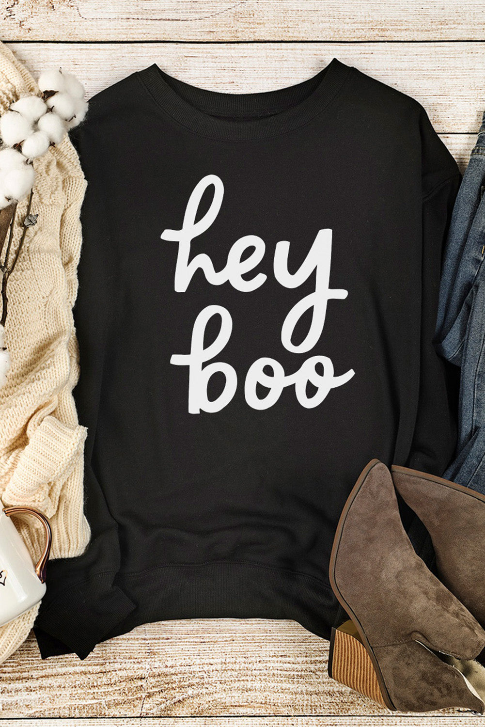 Black Hey Boo Letter Print Long Sleeve Pullover Sweatshirt