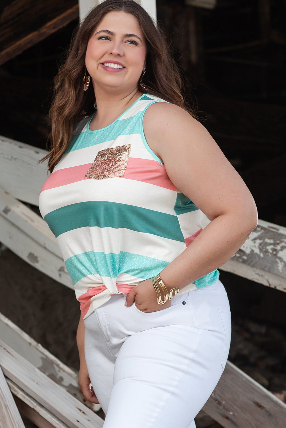 Multicolour Plus Size Striped Crew Neck Tank Top