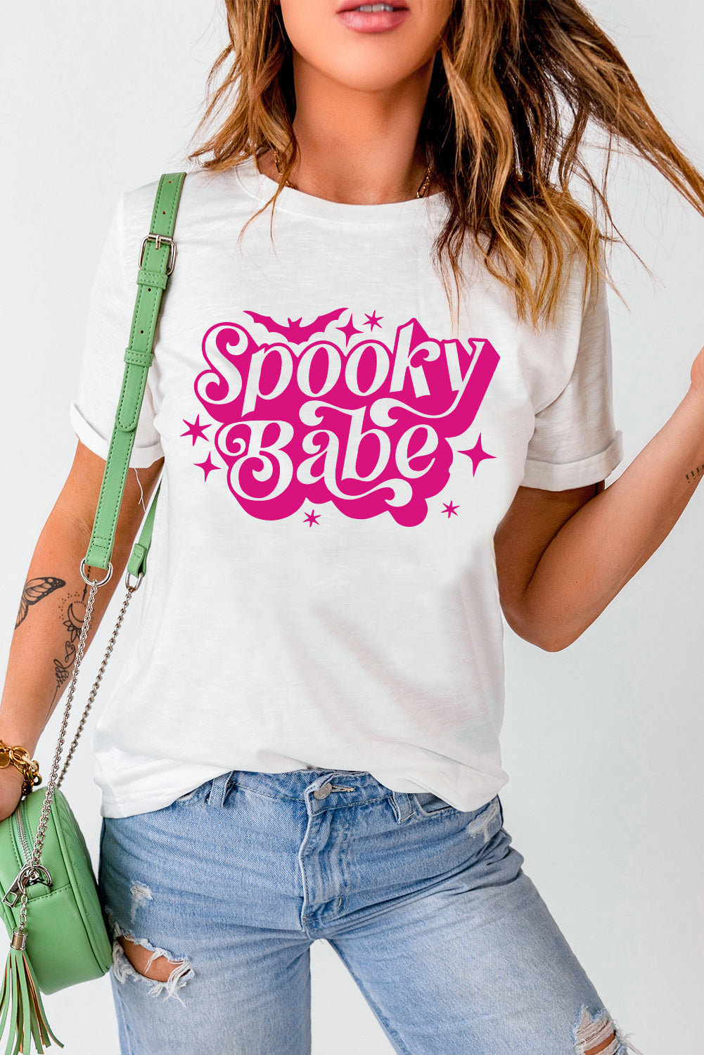 White Spooky Babe Bat Print Halloween Crewneck T Shirt