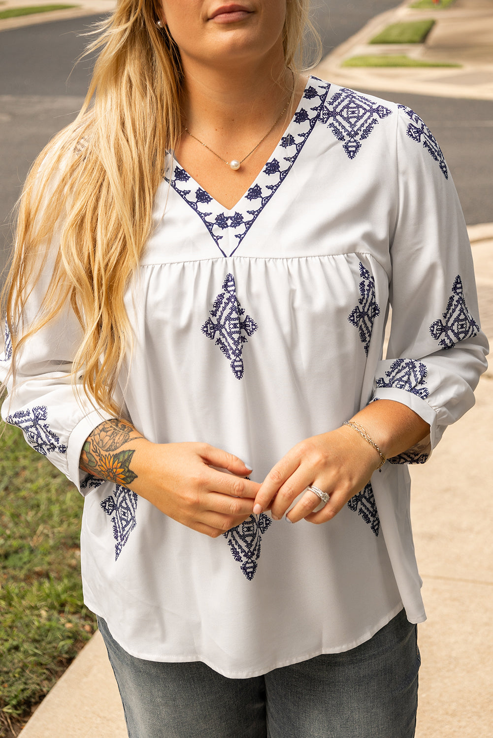 White Boho Geometric Print V Neck Bracelet Sleeve Plus Size Blouse