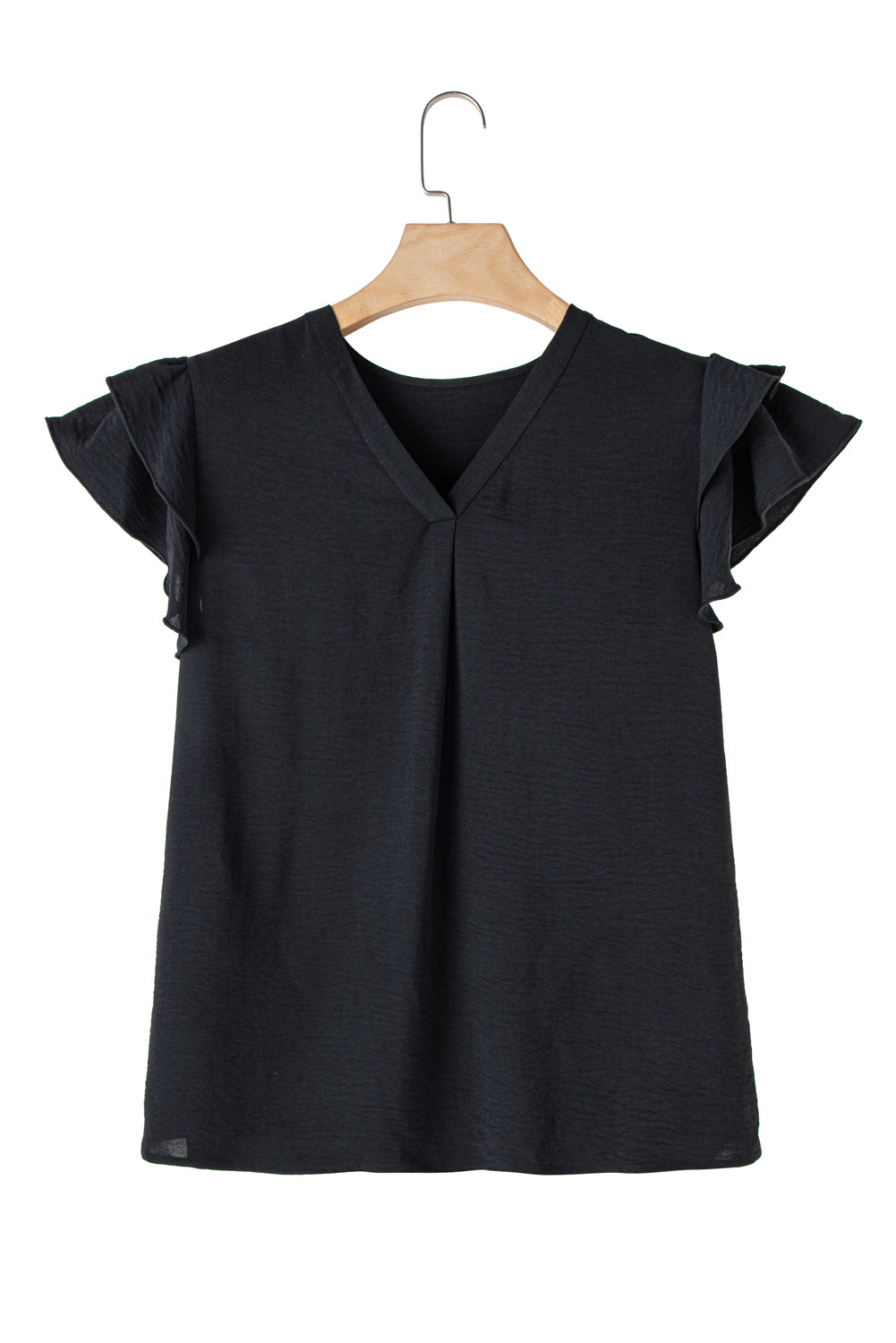 Black Ruffled Short Sleeve V Neck Plus Size Blouse