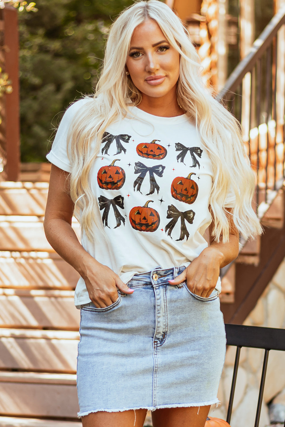 White Halloween Pumpkin Face Bowknot Graphic T Shirt