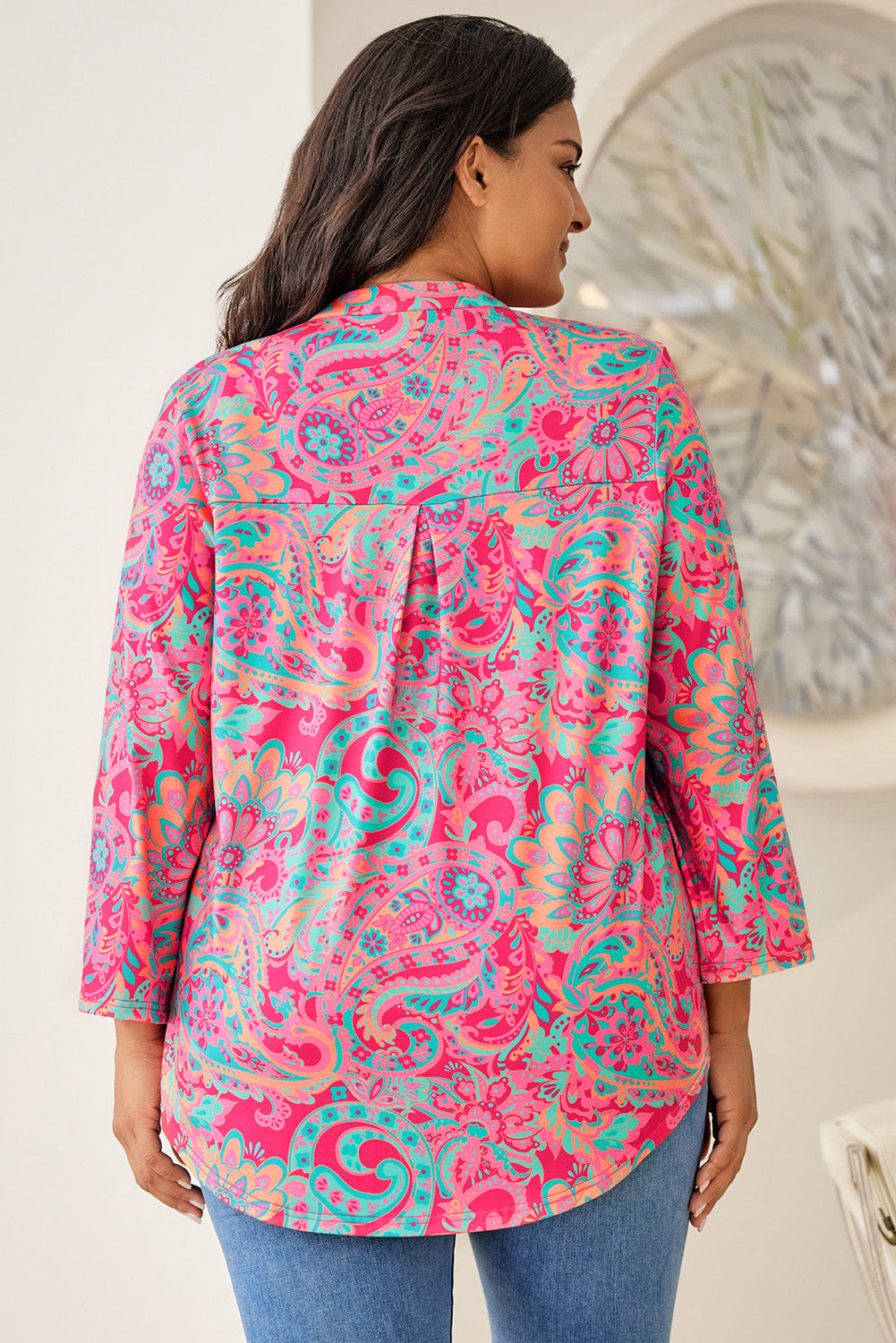 Rose Plus Size Paisley Print V Neck Roll Tab Sleeve Blouse