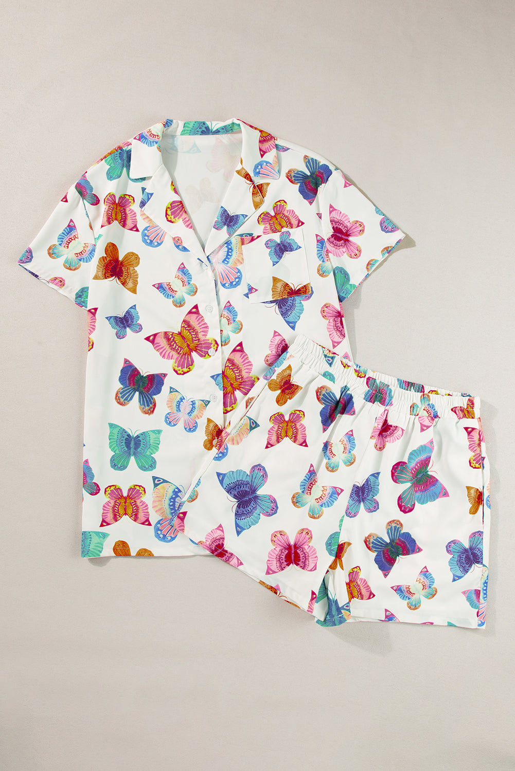 Multicolour Butterfly Pattern Short Sleeve Shirt Pajamas Set