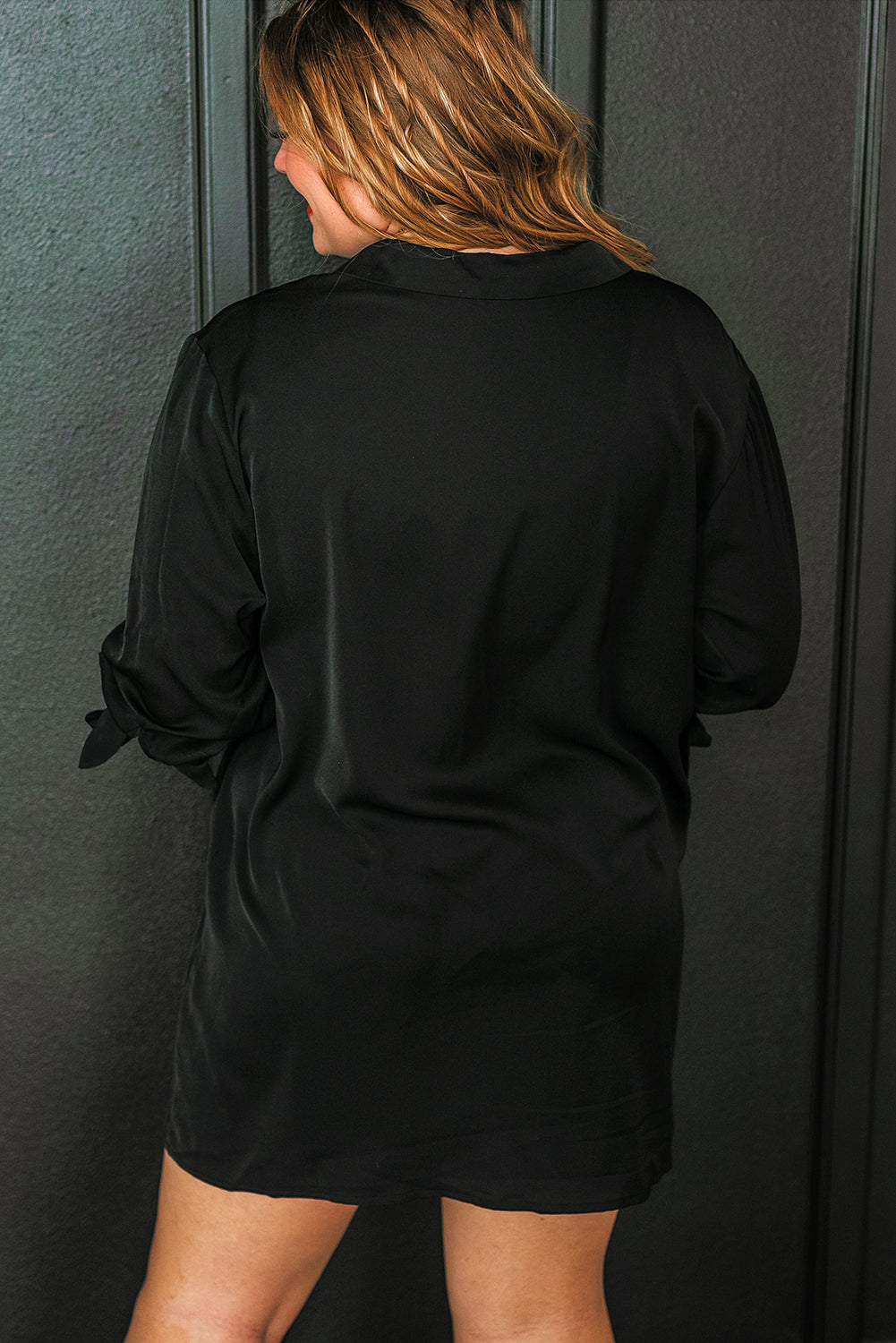 Black Plus Size Tie Cuffs V Neck Shirt Dress