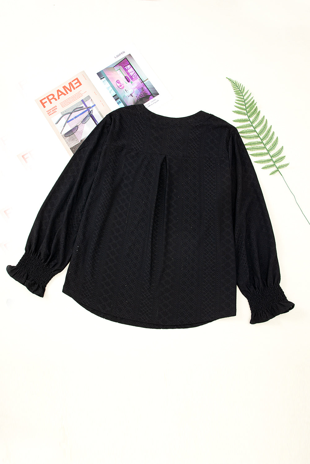 Black Eyelet Jacquard Split Neck Flounce Sleeve Plus Size Blouse