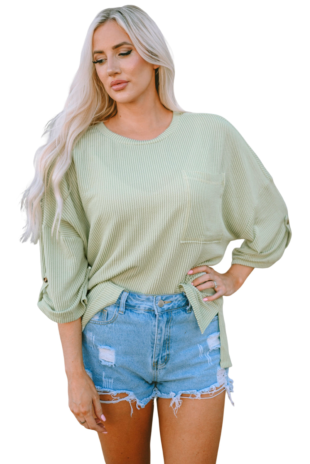 Green Ribbed Roll-tab Sleeve Chest Pocket Oversize Top