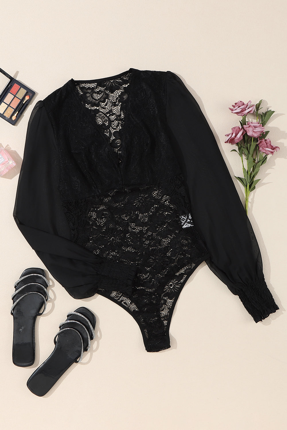 Black Bubble Sleeve Scalloped Lace Bodysuit