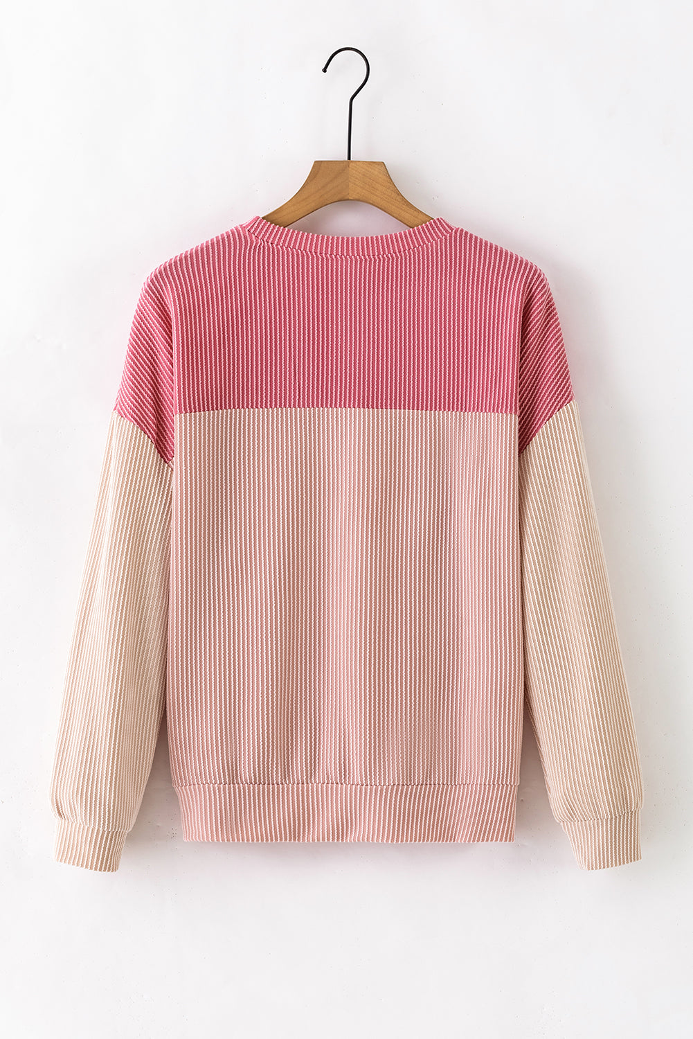 Pink Color Block Long Sleeve Ribbed Loose Top