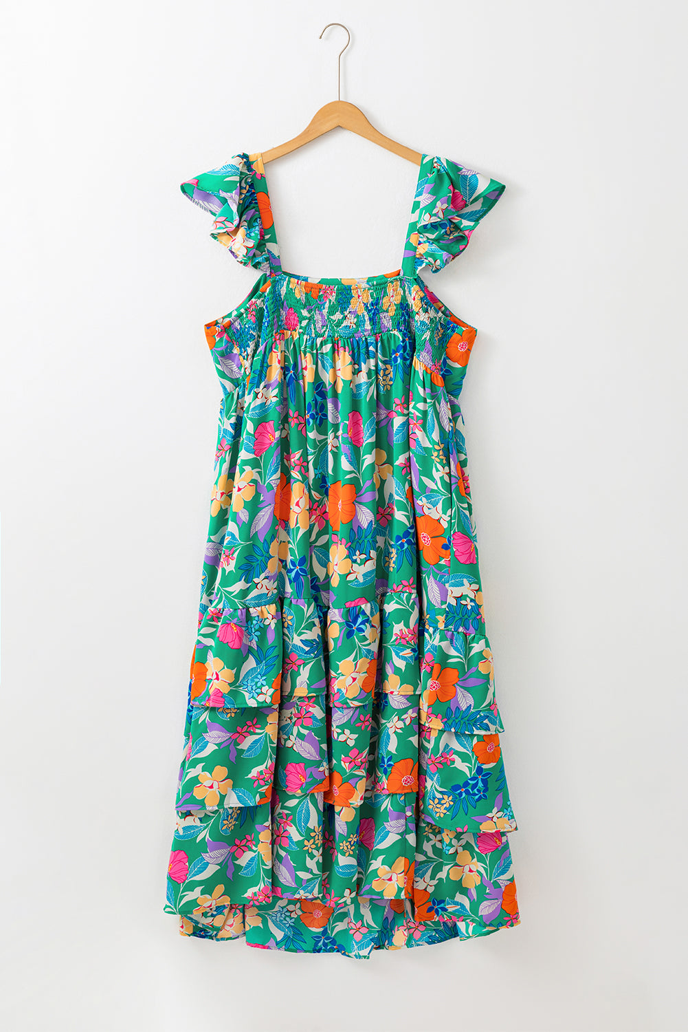 Green Plus Size Floral Smocked Back Tiered Maxi Dress