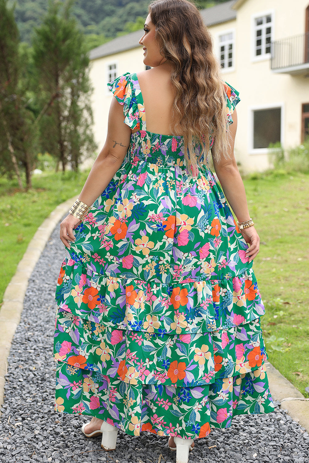 Green Plus Size Floral Smocked Back Tiered Maxi Dress