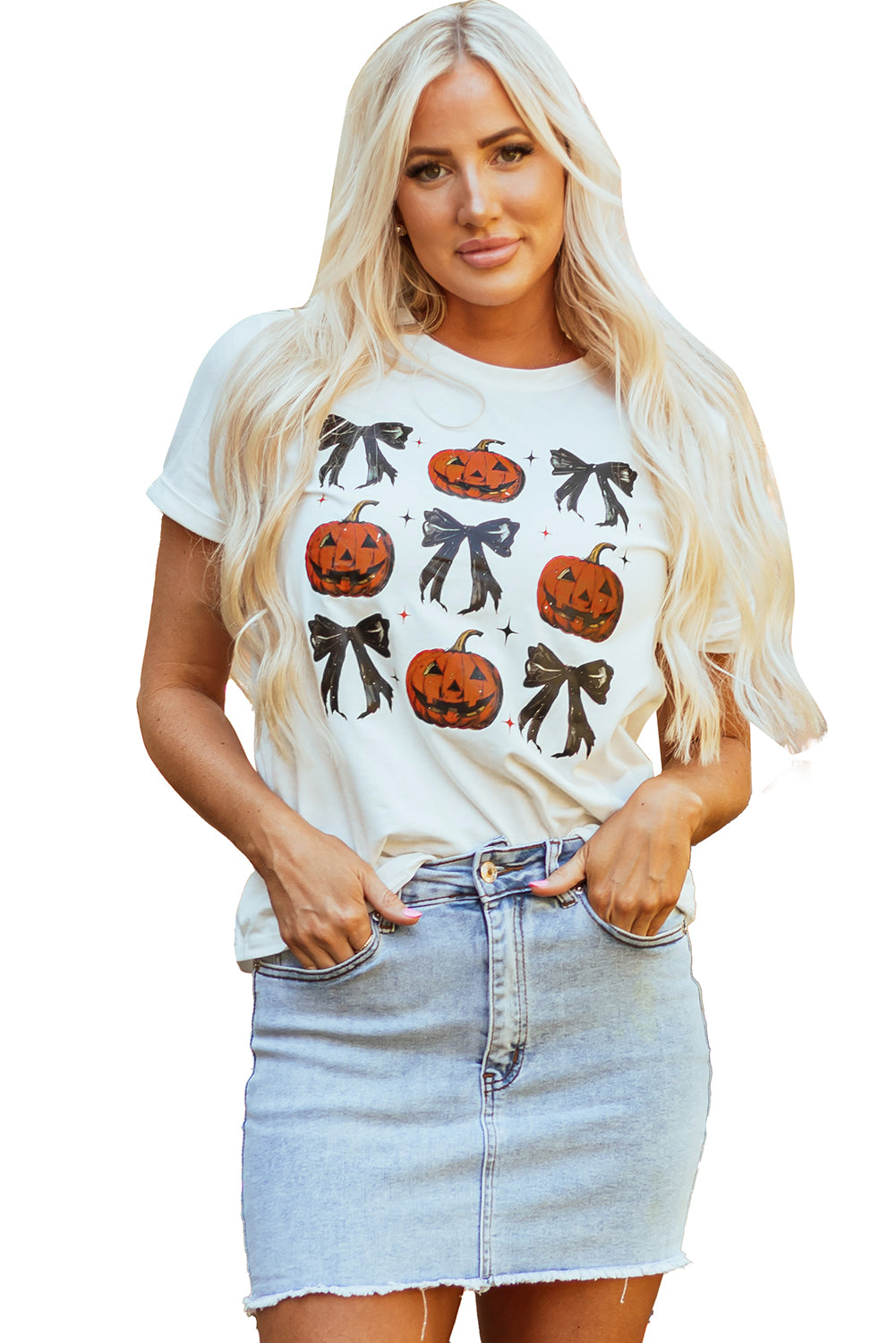 White Halloween Pumpkin Face Bowknot Graphic T Shirt