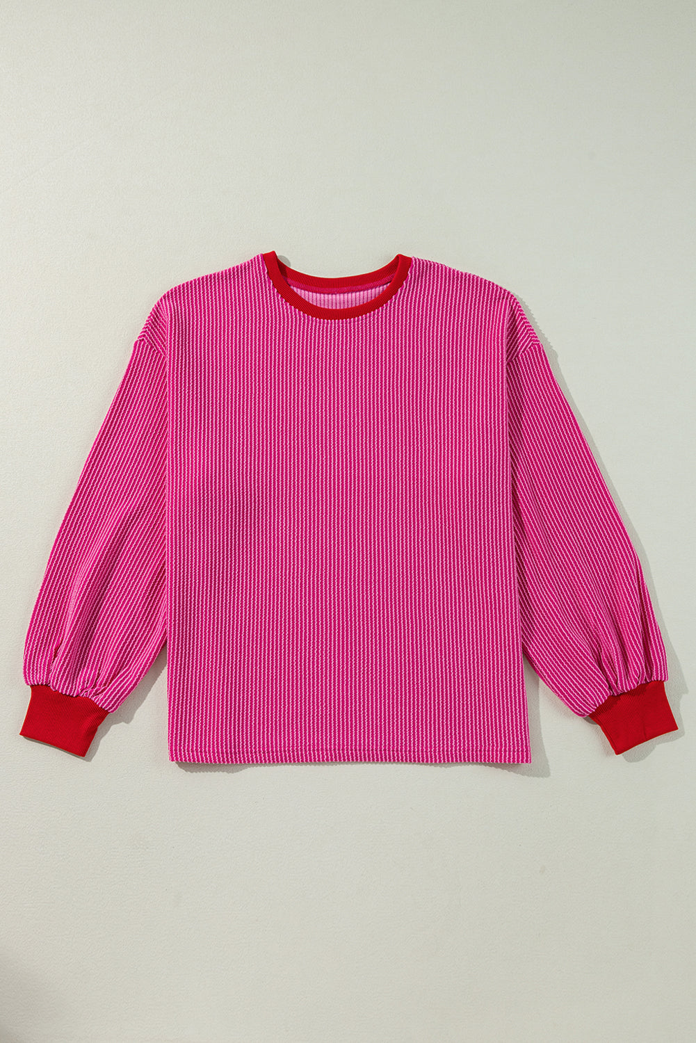 Bright Pink Corded Contrast Edge Drop Shoulder Long Sleeve Top