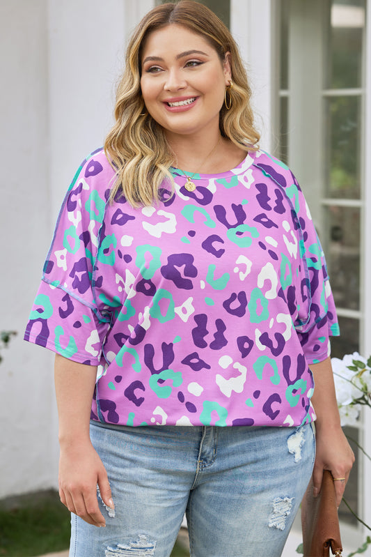 Purple Leopard Kiss Print Plus Size Short Sleeve Tee