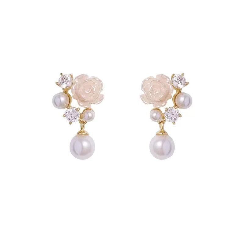 Camellia Pearl Zircon Small Eardrops Earrings Fashion