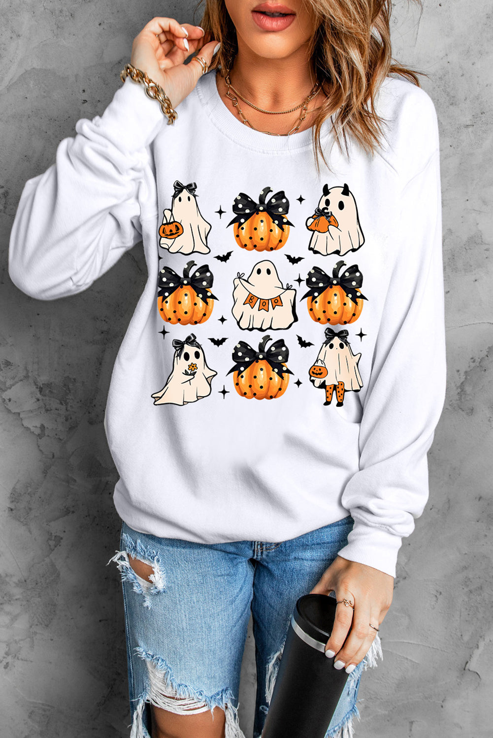 Beige Halloween Ghost Pumpkin Print Crew Neck Sweatshirt