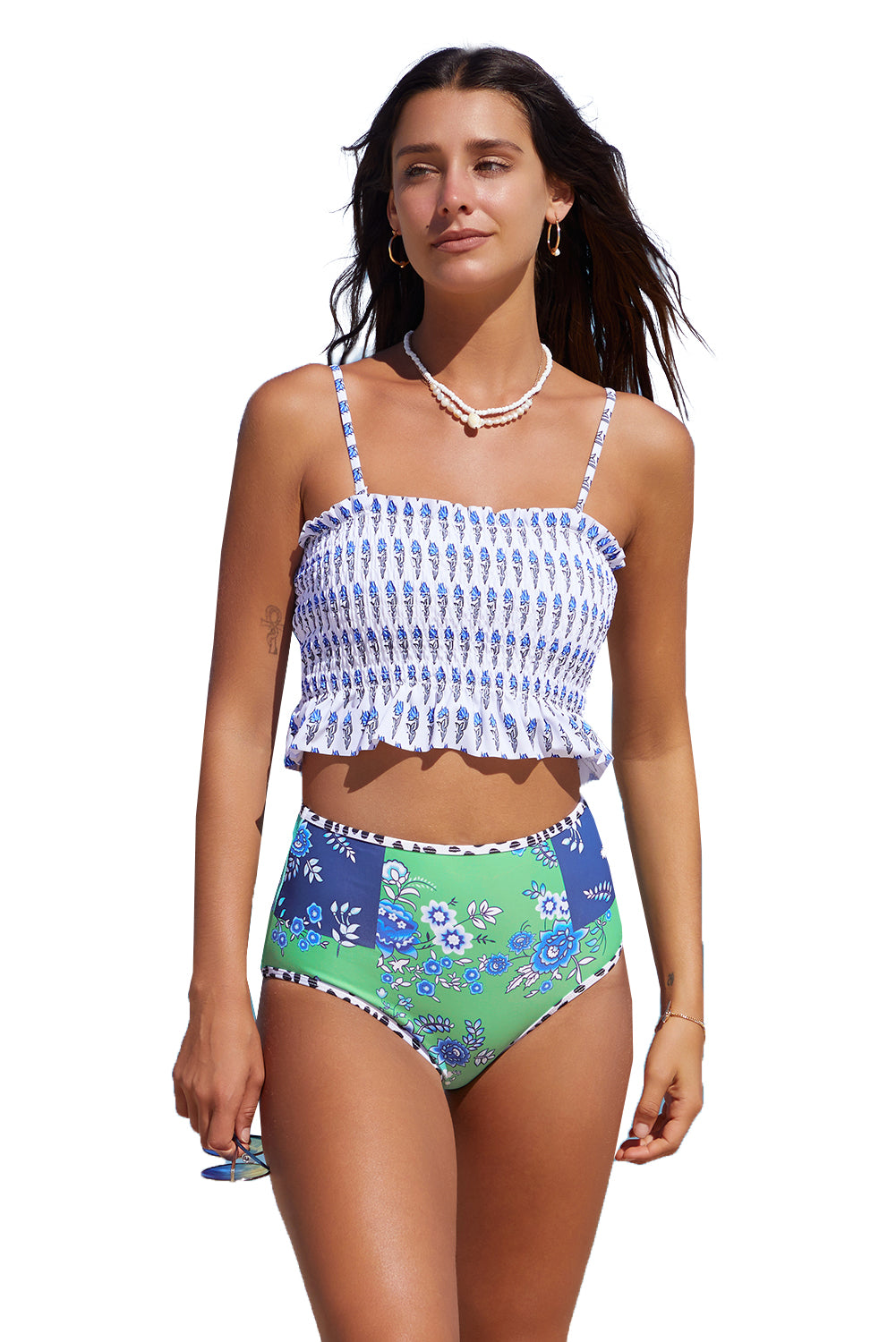 Blue Printed Smocked High waisted swimsuits