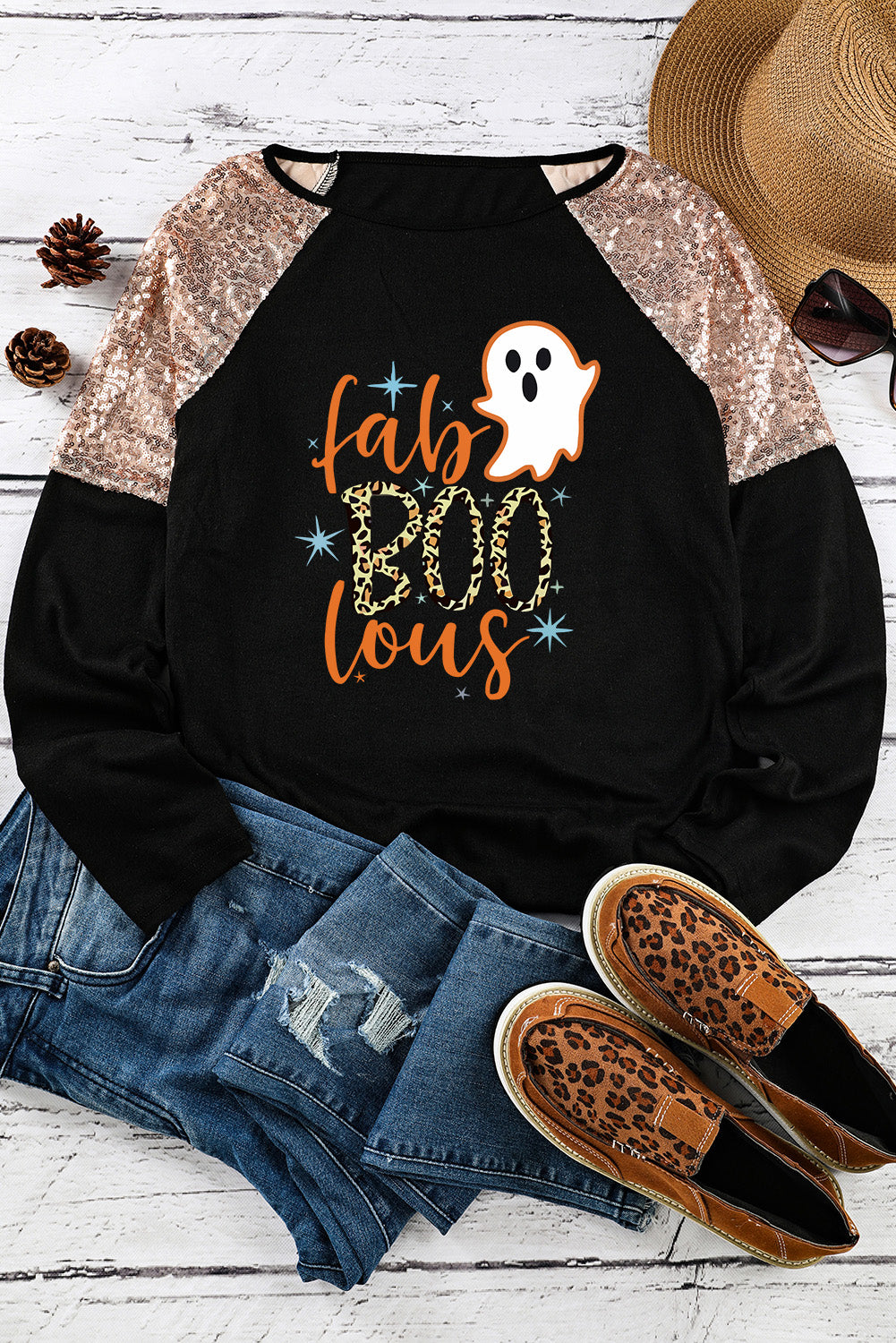 Black Leopard Boo Ghost Graphic Sequin Raglan Sleeve Top