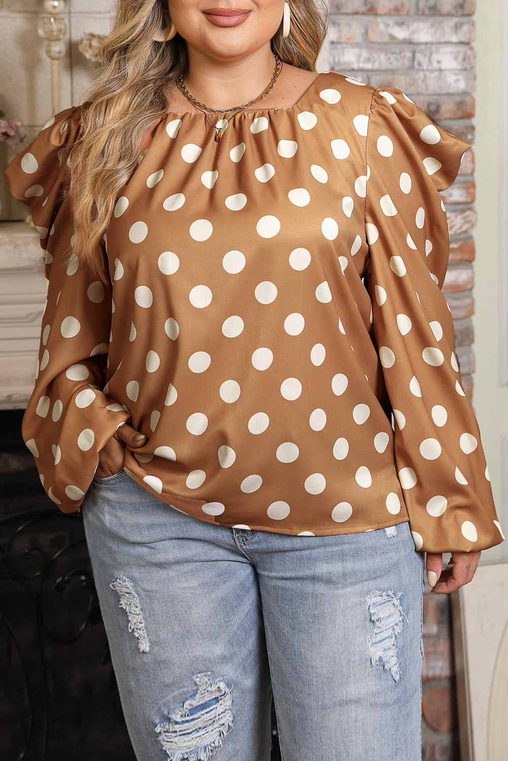 Khaki Plus Size Polka Dot Ruched Neckline Puff Sleeve Blouse