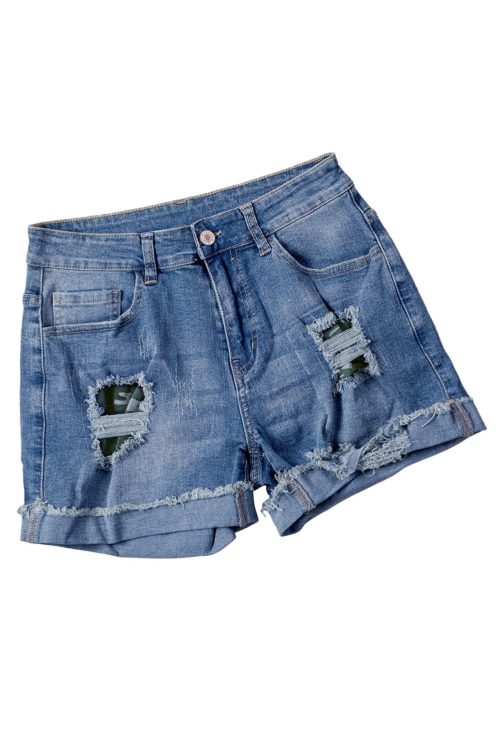 Camo Patchwork Rolled Hem Denim Shorts