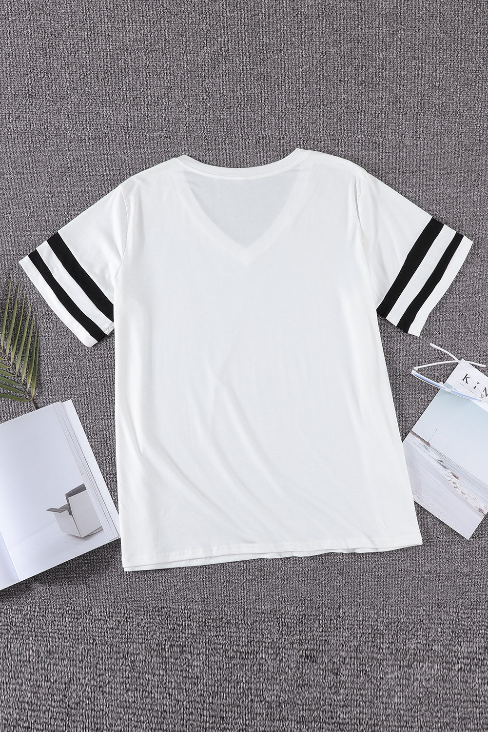 White Plus Size Stripes Stitching Sleeve V Neck T-shirt