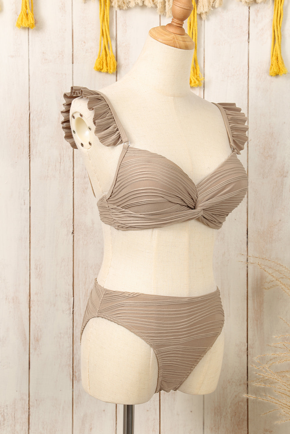 Pale Khaki Wavy Textured Ruffled Straps Twist Bikini Swimsuit