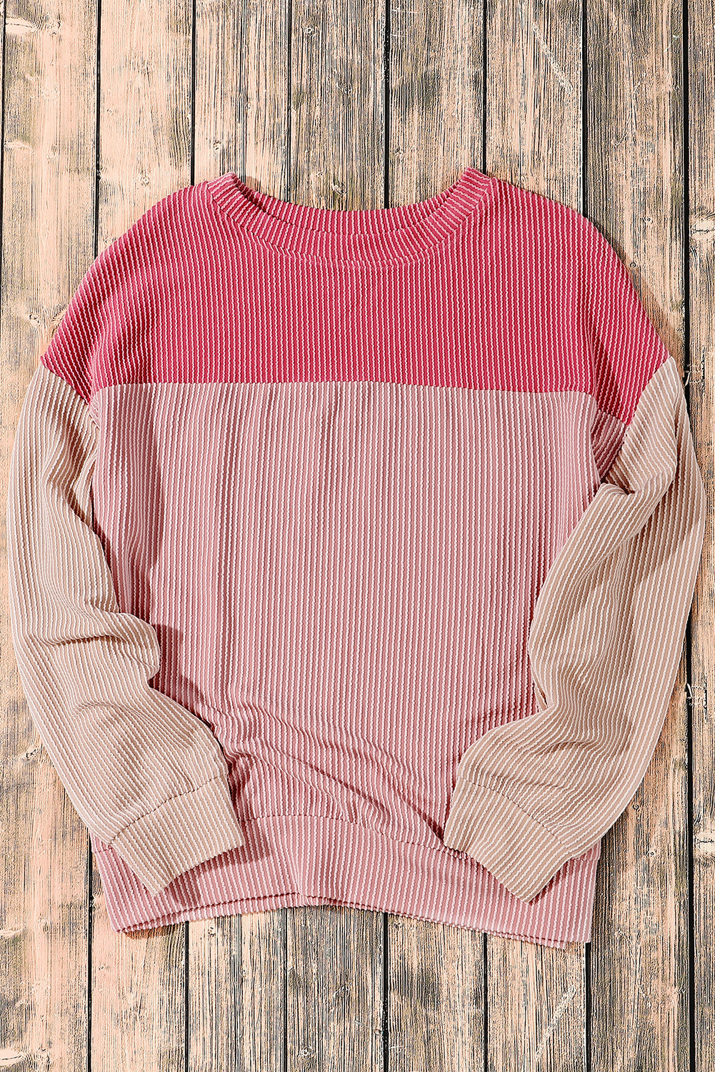 Pink Color Block Long Sleeve Ribbed Loose Top