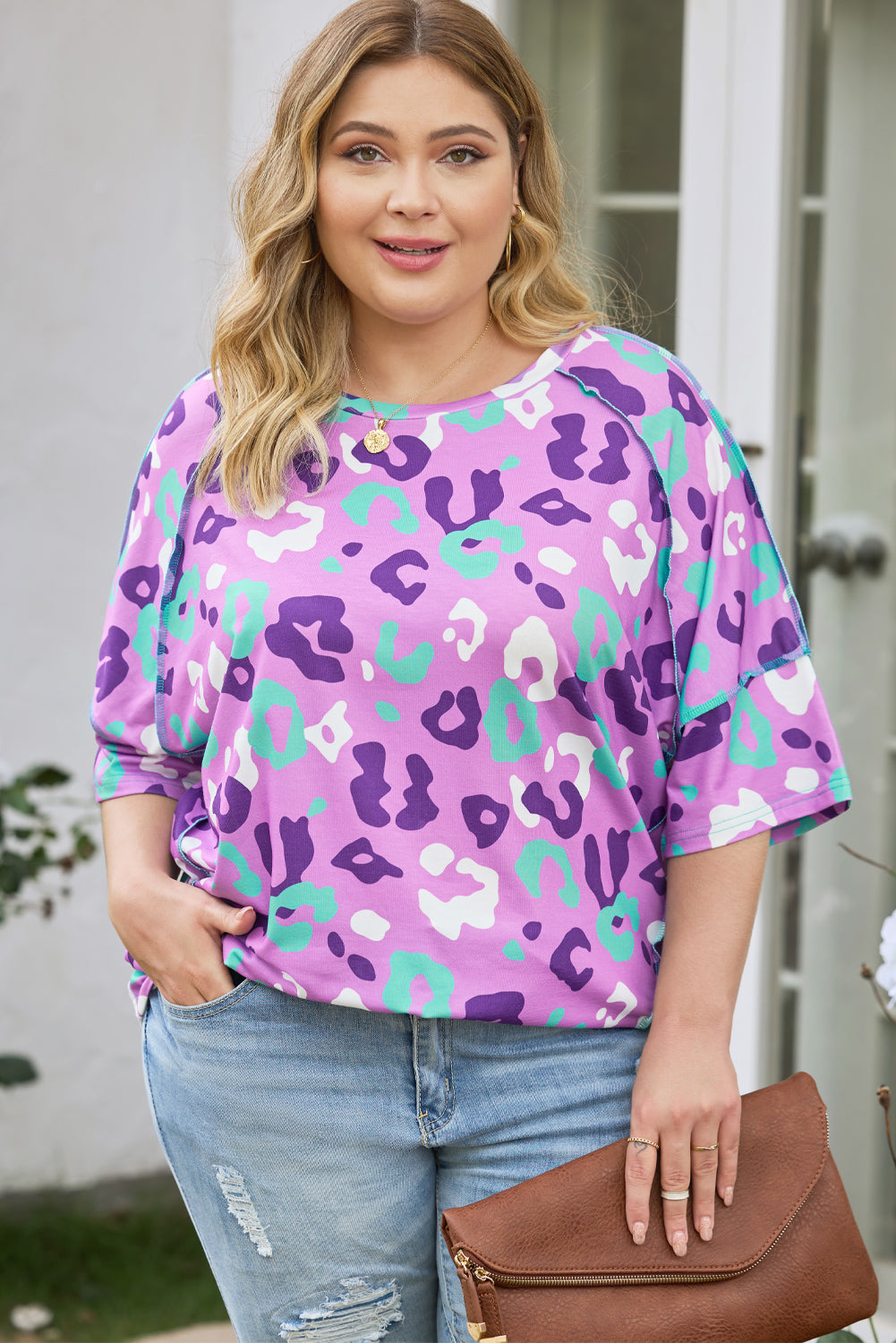 Purple Leopard Kiss Print Plus Size Short Sleeve Tee