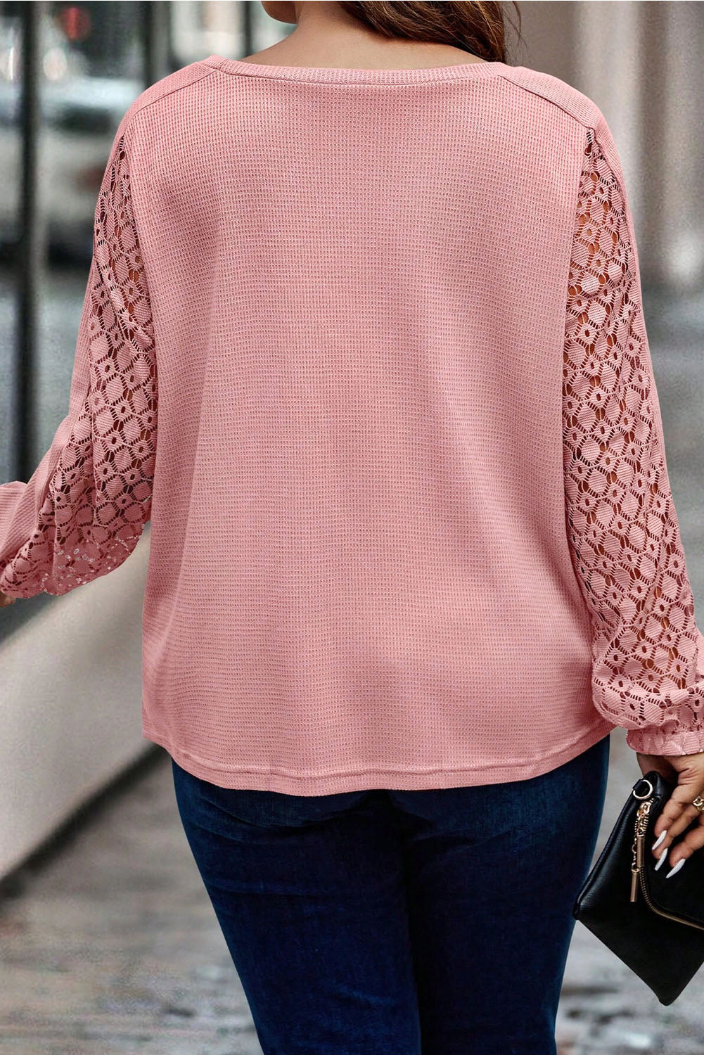 Apricot Pink Plus Size Contrast Lace Sleeve Textured Knit Top