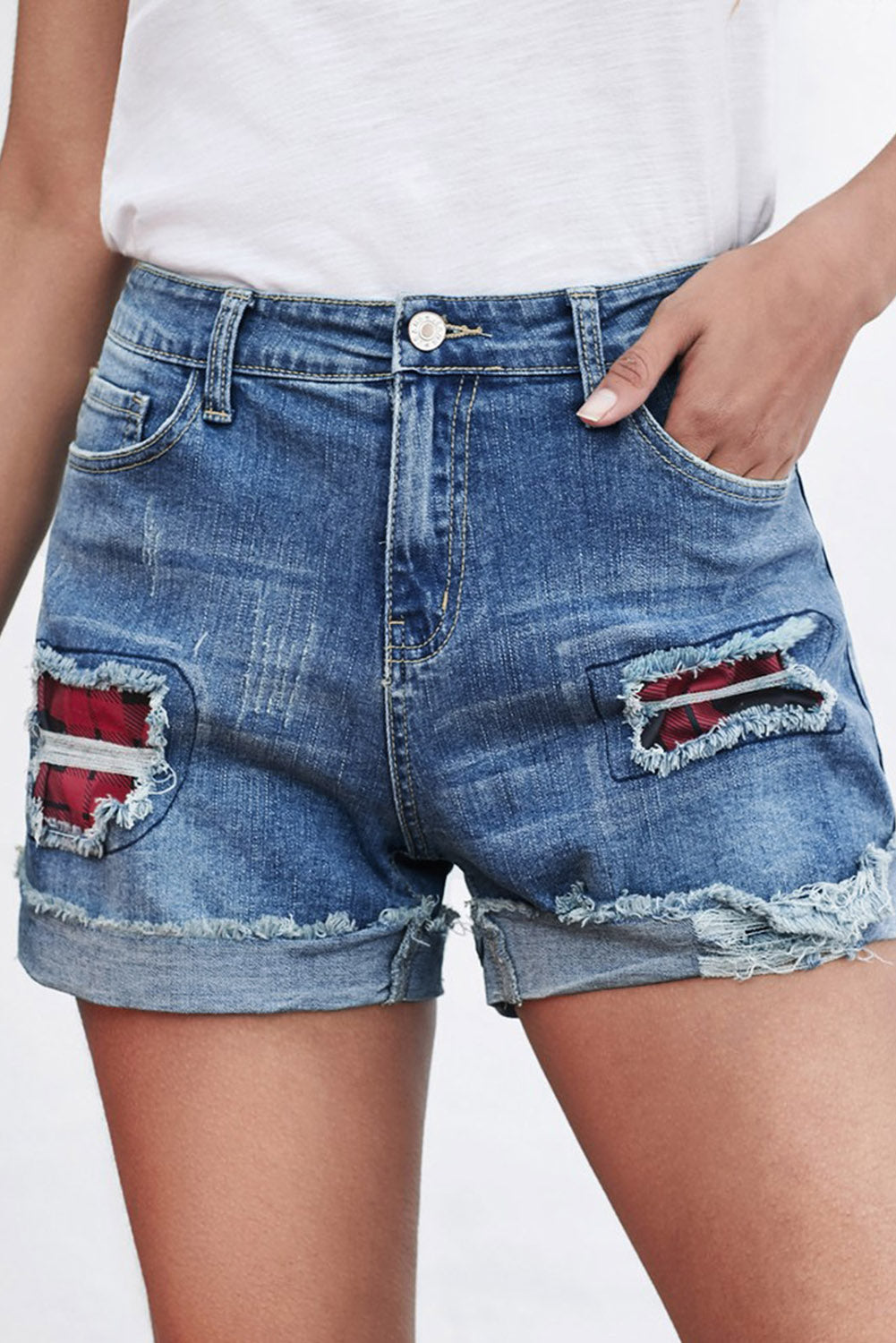 Plaid Patchwork Rolled Hem Denim Shorts