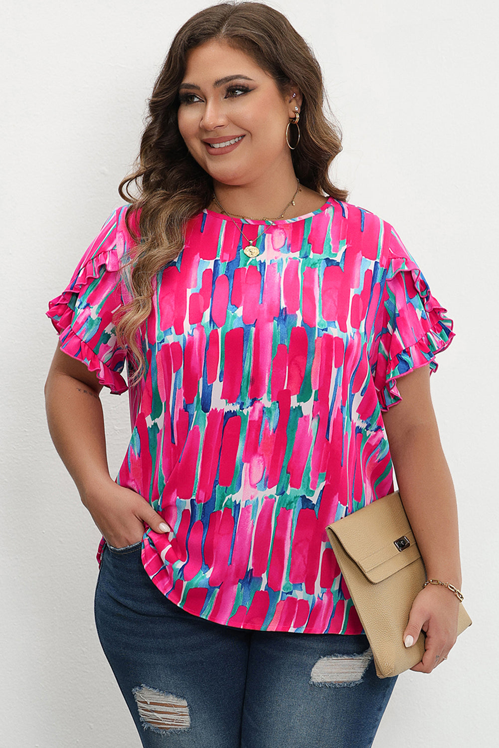 Rose Plus Size Abstract Print Ruffled Petal Sleeve Blouse