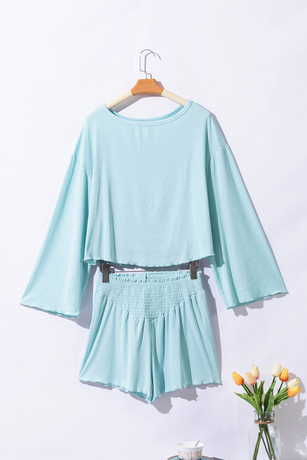 Sky Blue Long Sleeve Top & Shirred High Waist Shorts Set