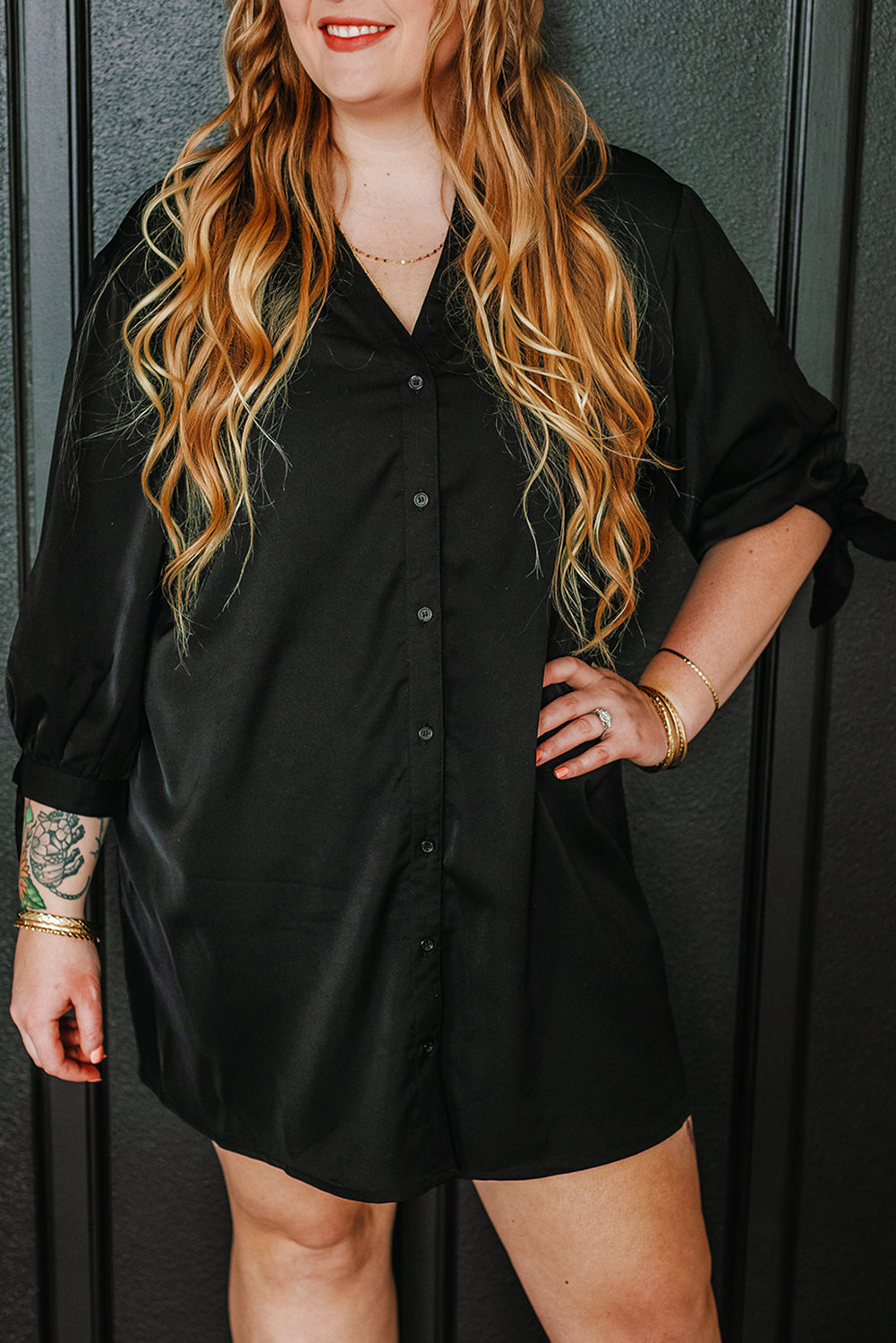 Black Plus Size Tie Cuffs V Neck Shirt Dress