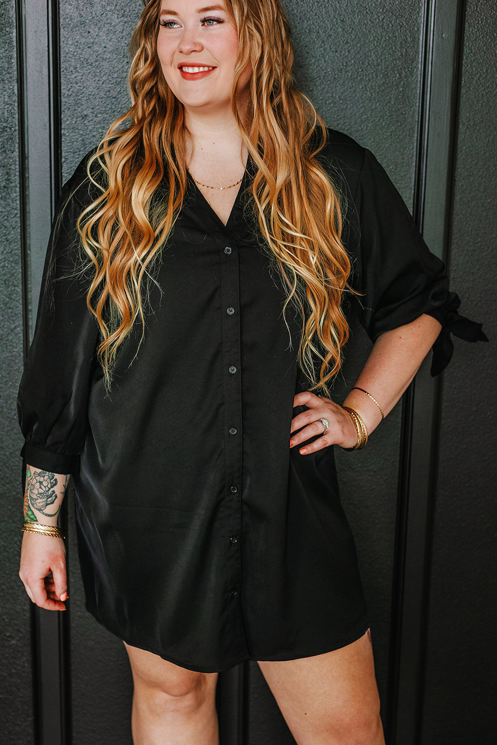 Black Plus Size Tie Cuffs V Neck Shirt Dress