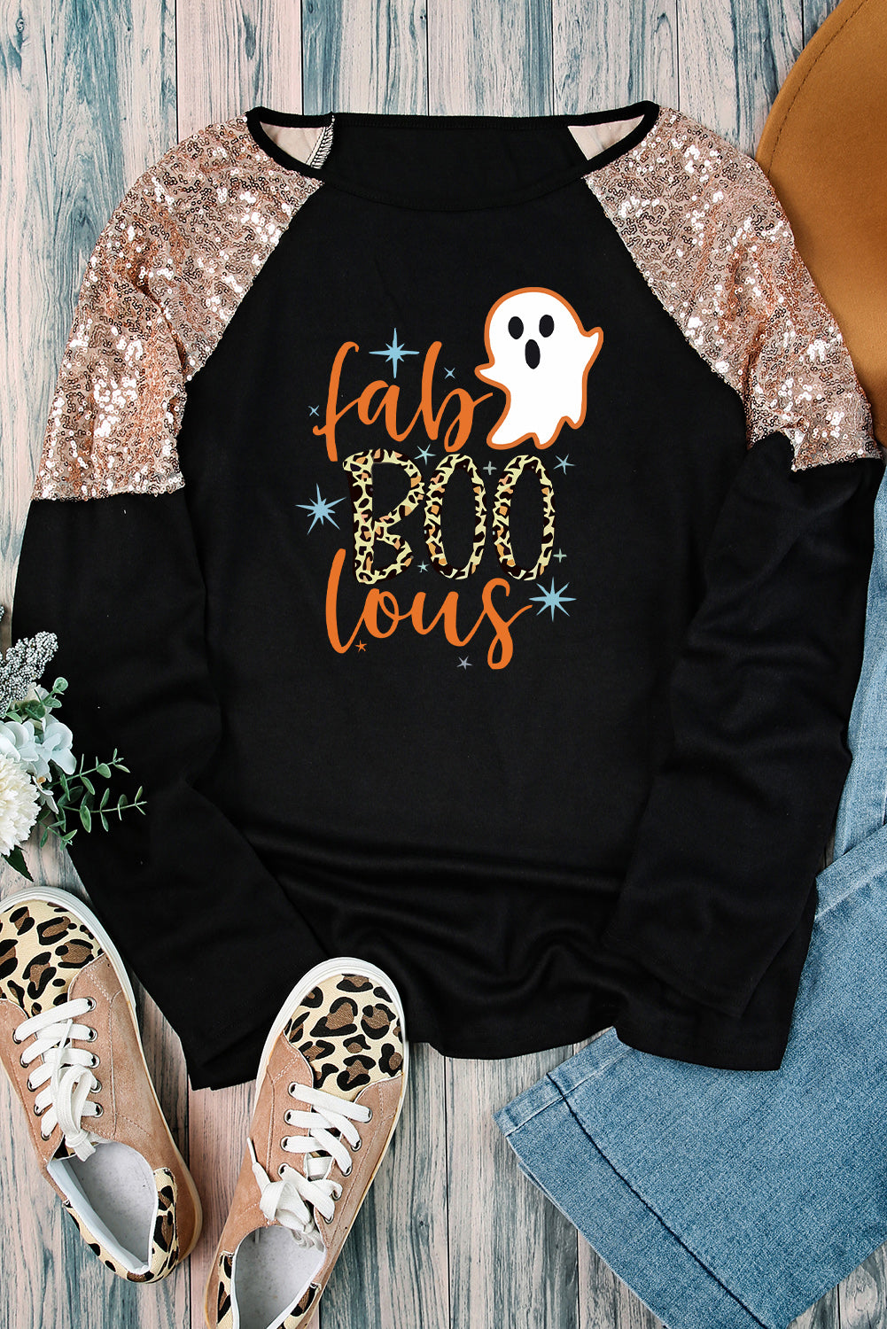 Black Leopard Boo Ghost Graphic Sequin Raglan Sleeve Top