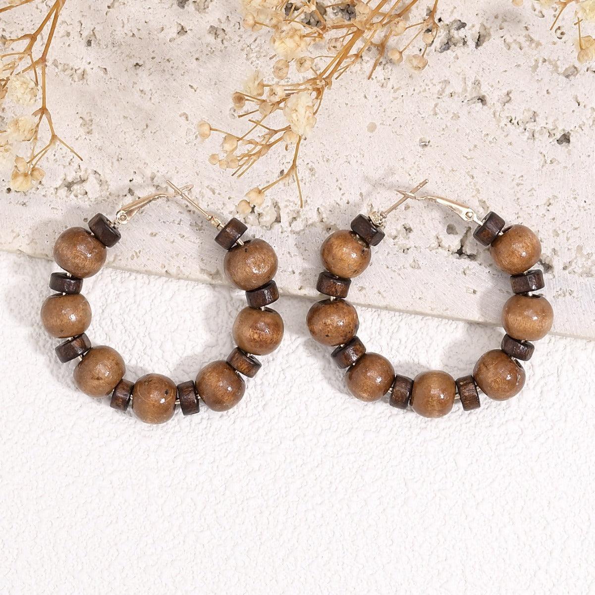 Korean Style Retro Graceful Personality High-grade Round Wooden Wooden Bead Beaded Ear Ring