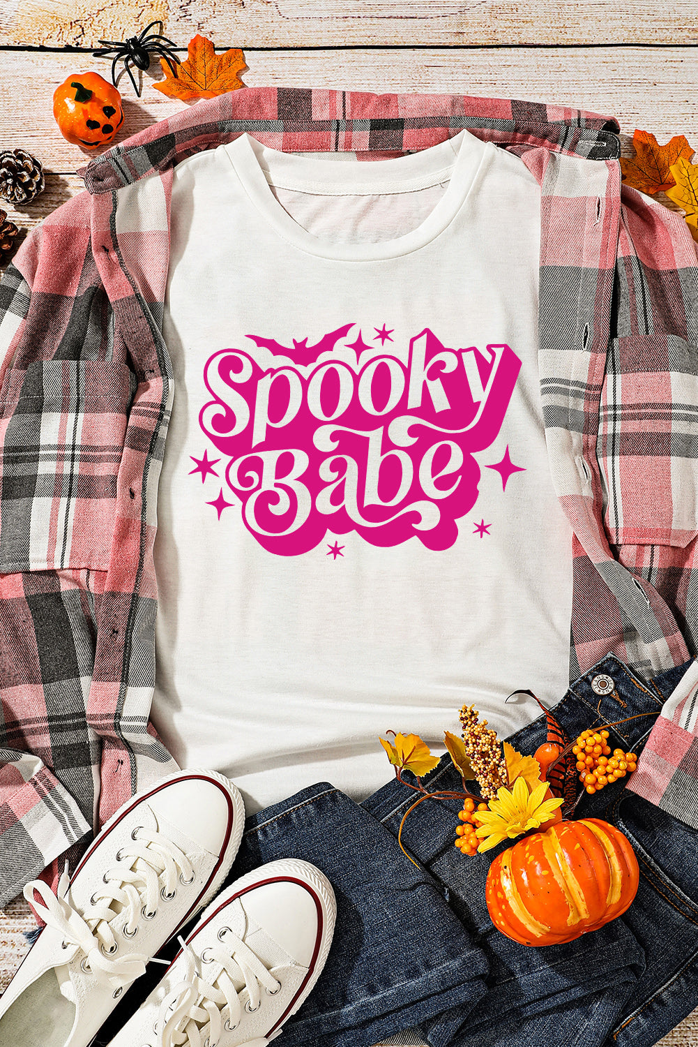 White Spooky Babe Bat Print Halloween Crewneck T Shirt