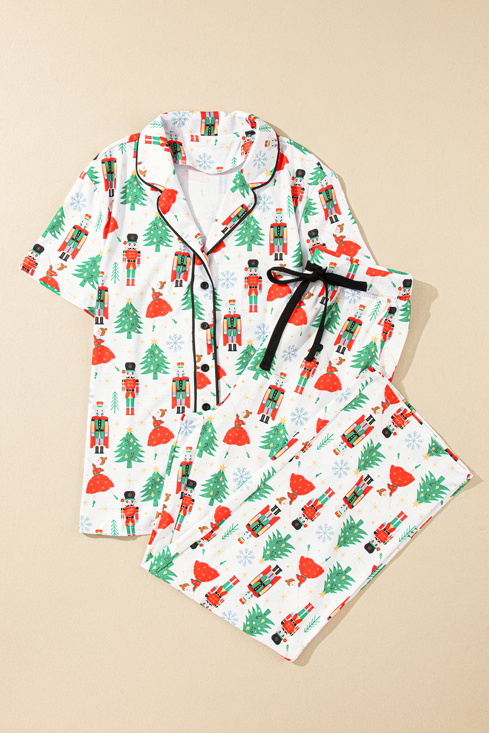 White Printed Christmas Pattern Buttoned Two Piece Sleepwear