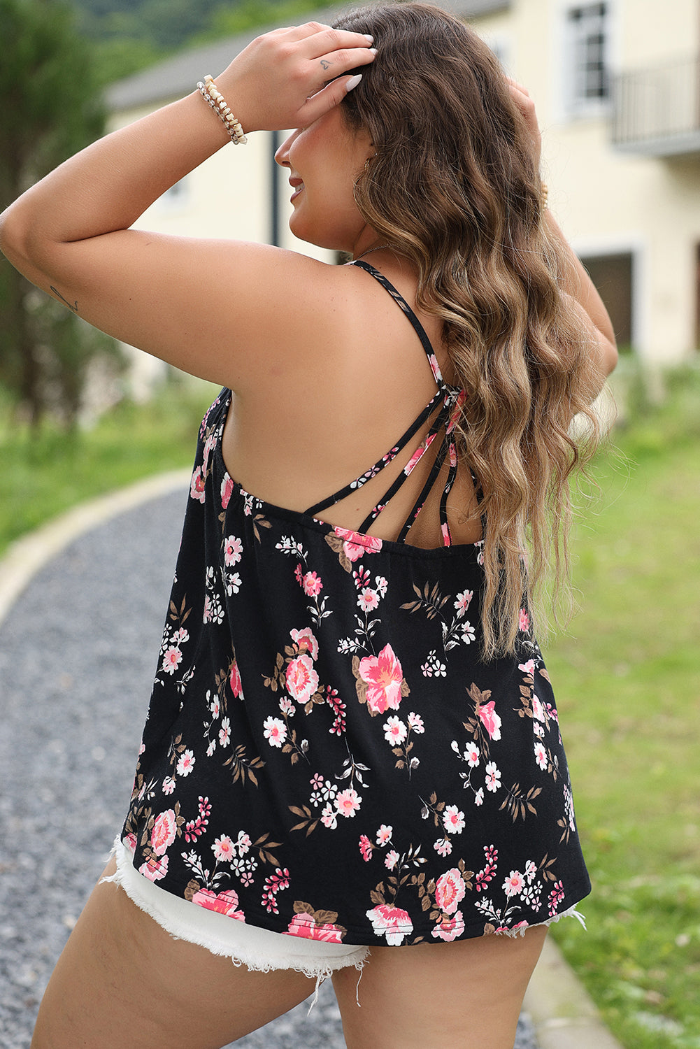 Black Plus Size Floral Strappy Racerback Top