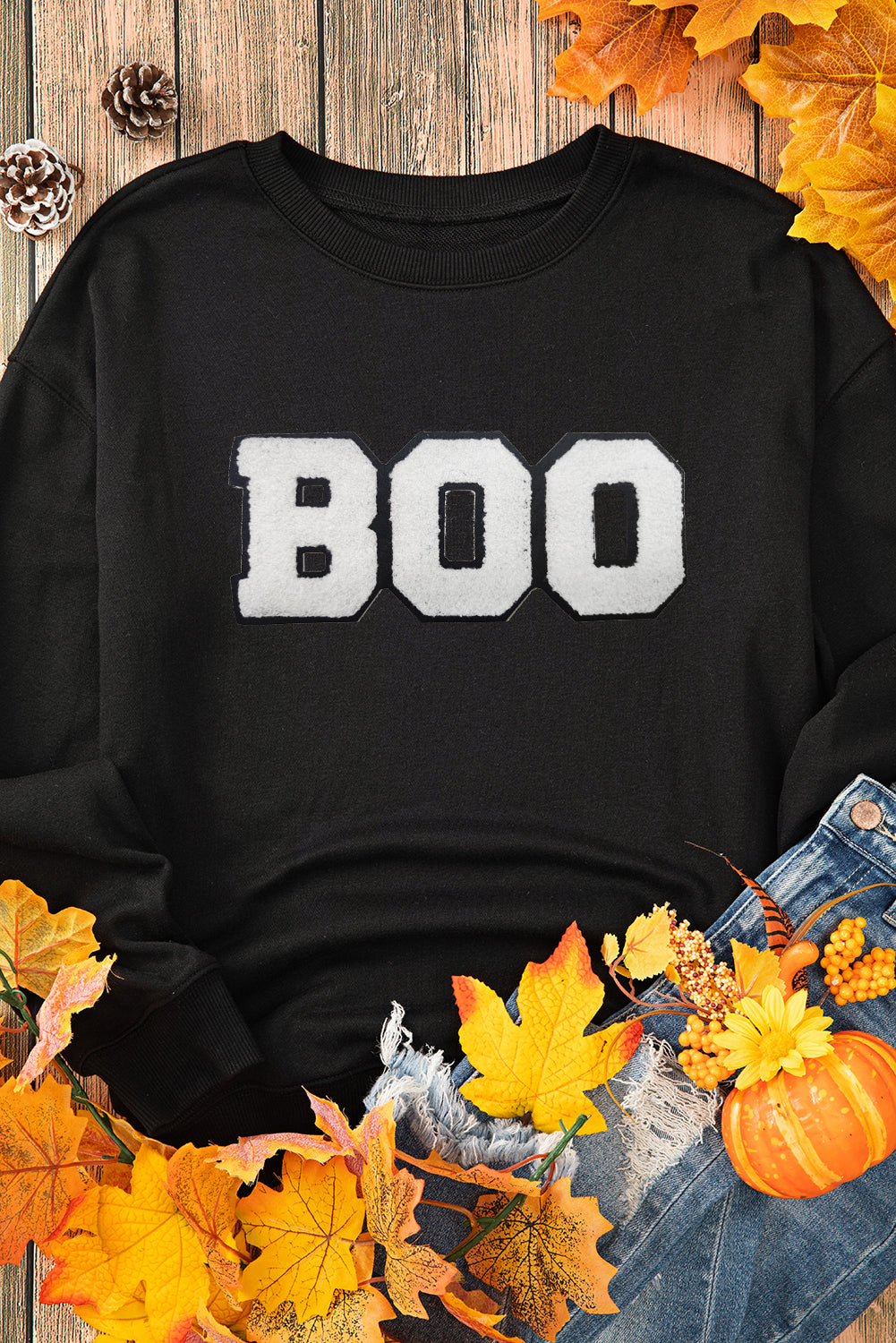 Black Chenille BOO Patched Pattern Crewneck Halloween Sweatshirt