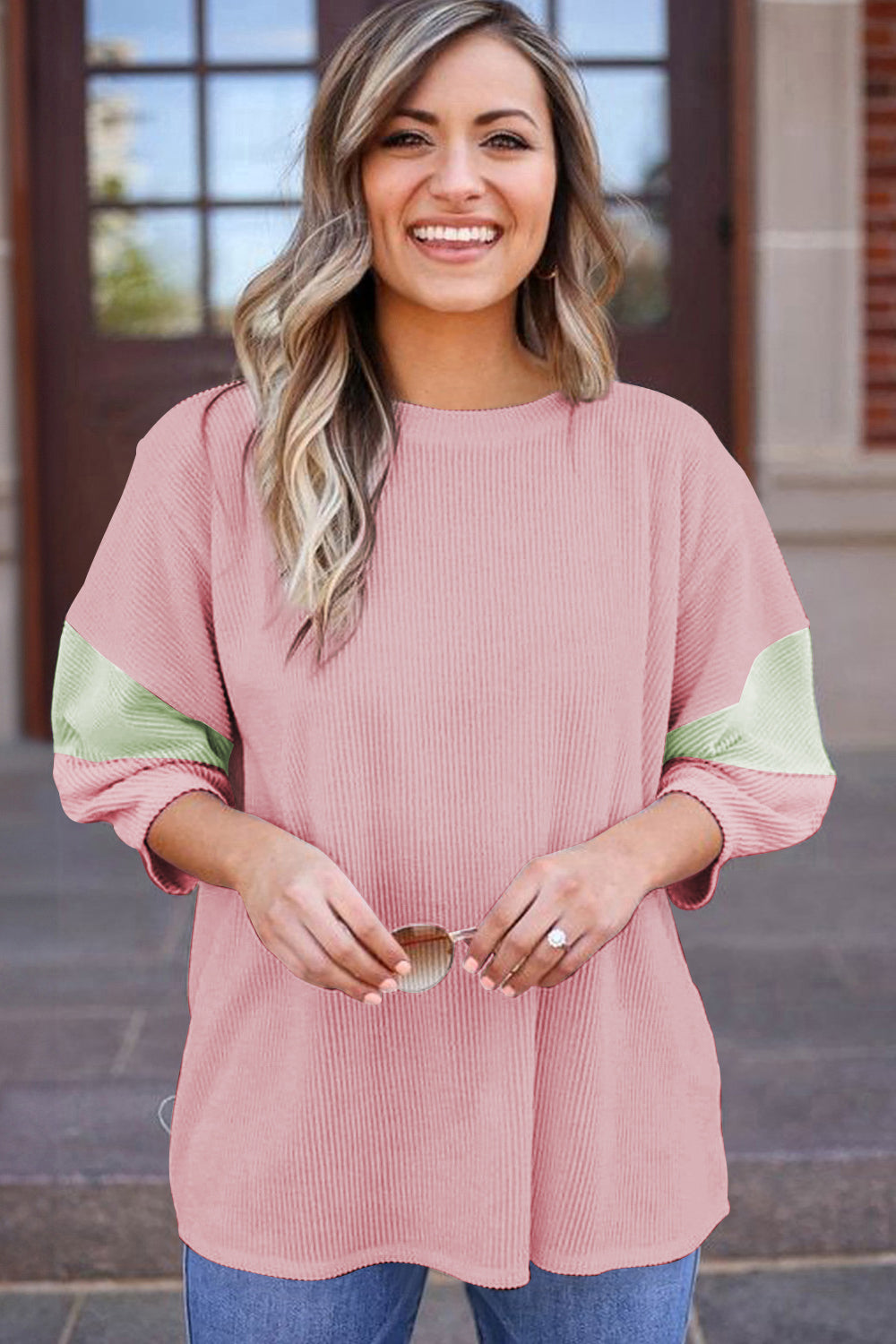 Light Pink Color Block Ribbed Knit Quarter Sleeve Top