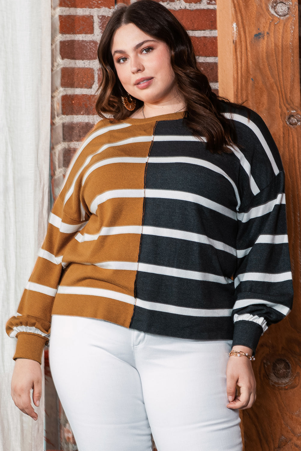 Plus Size Colorblock Striped Patchwork Loose Top